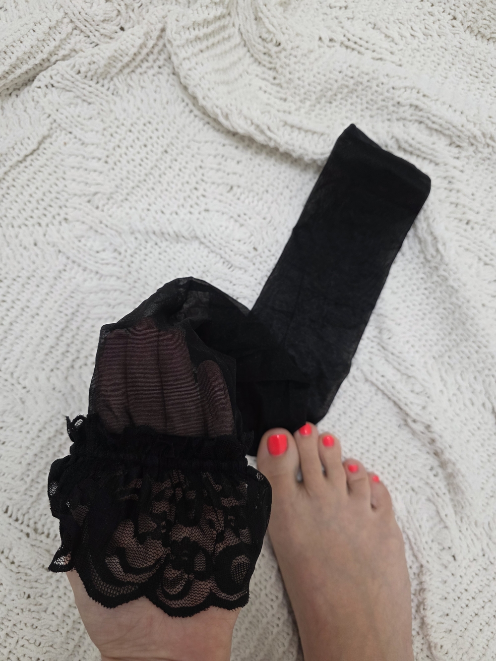 Sheer Black Lace Women's Hosiery  - Classic Sheer Tigh Highs Well Worn